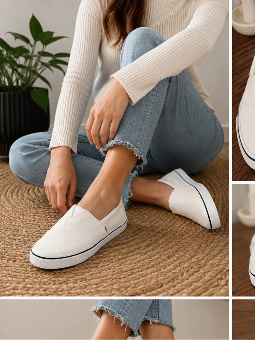 Toms White Canvas Slip-On Sneakers with Navy Trim